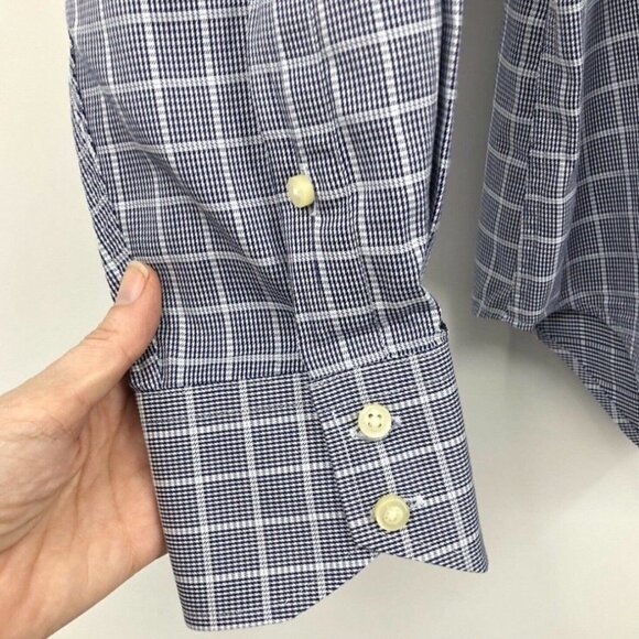 Thomas Dean Men’s Size L Button Up Shirt Plaid Houndstooth Navy Blue Flip Cuff - Picture 5 of 9